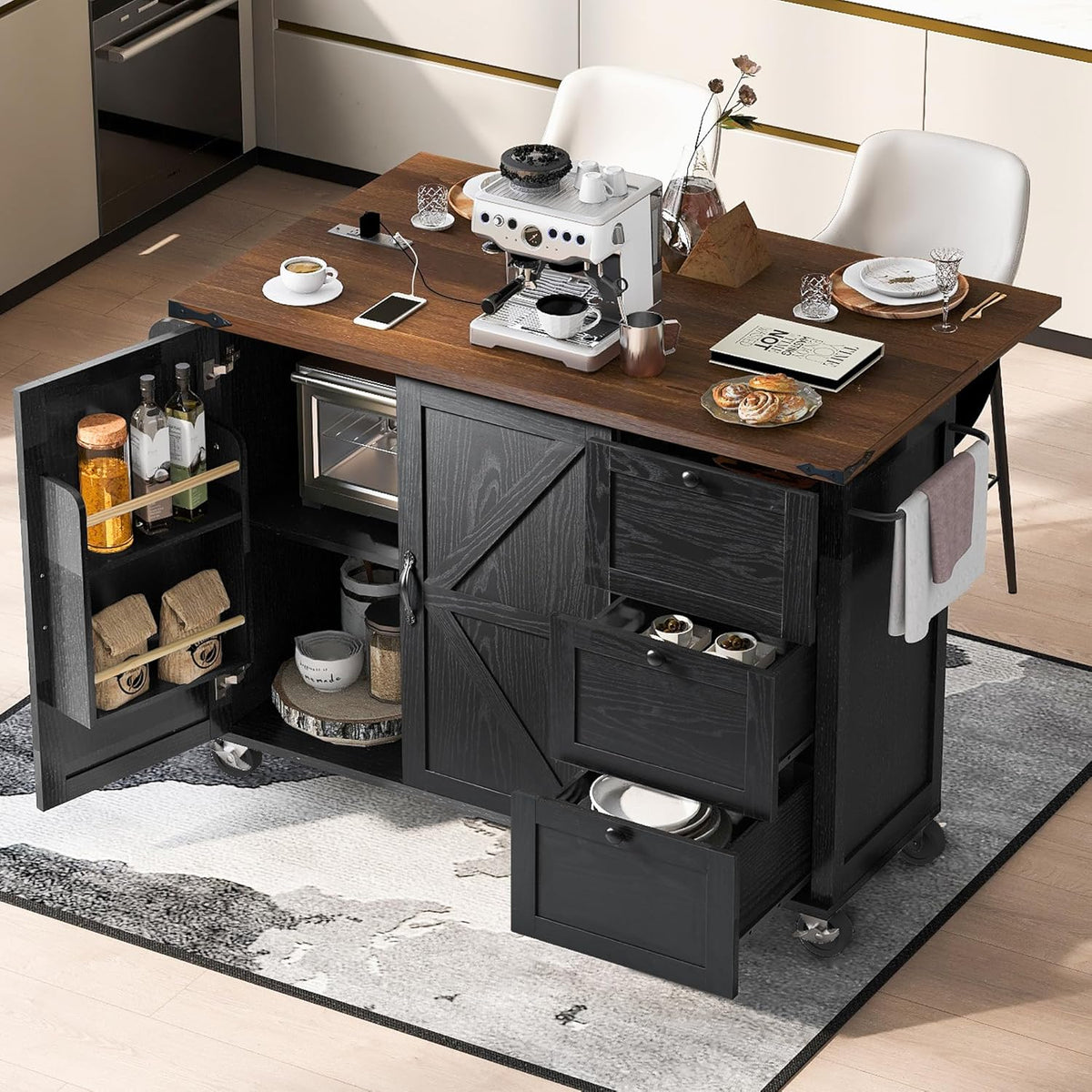 Black Kitchen Island with Power Outlet and Drop Leaf E50398