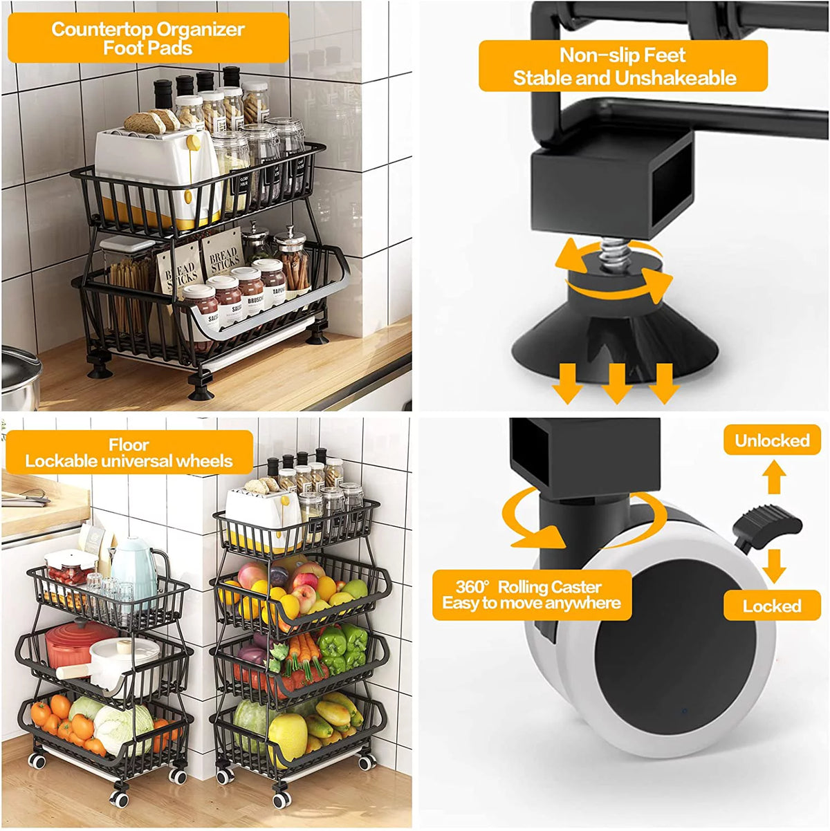 Black Metal Wire 4 Tier Fruit Vegetable Storage Basket with Wheels E212