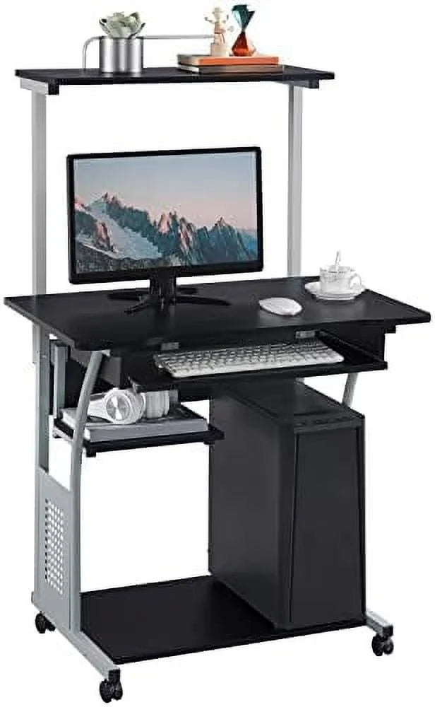 Black 3 Tier Computer Desk with Printer Shelf and Keyboard Tray I78109