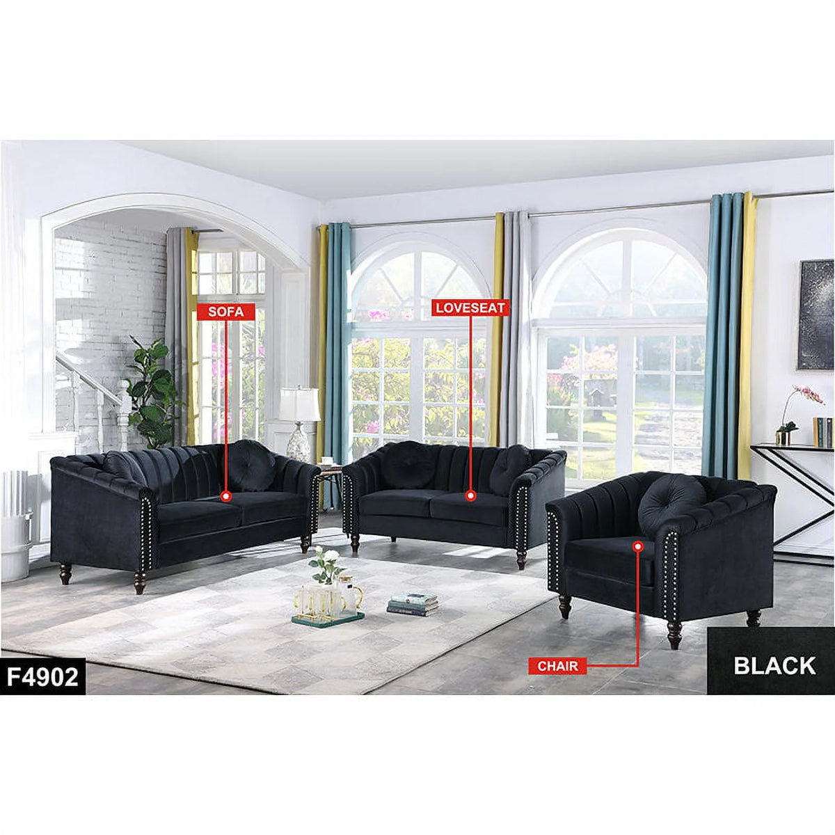 3 Piece Velvet Upholstered Sofa Loveseat and Chair O885