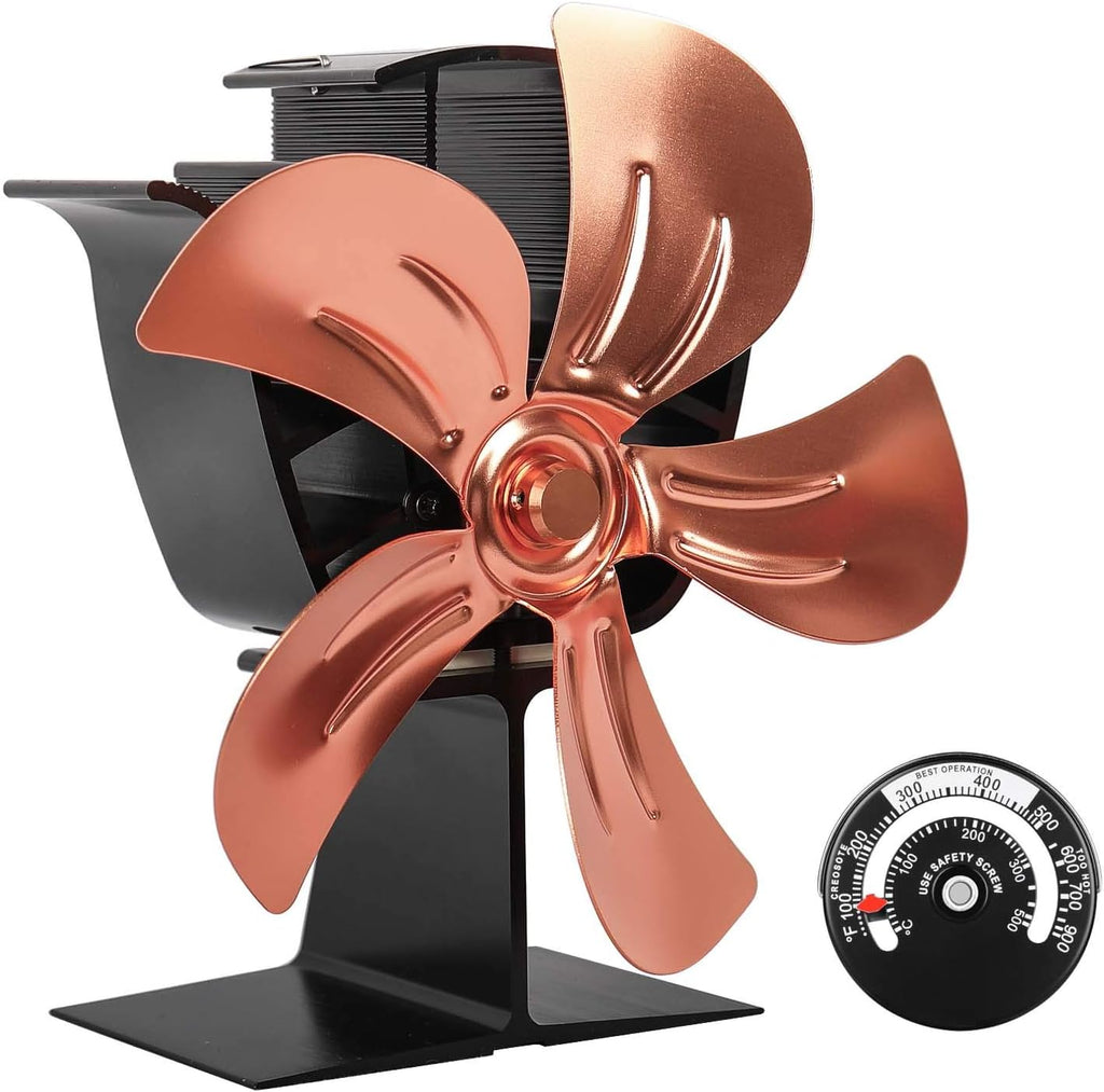 5-Blade Heat Powered Stove Fan with Stove Thermometer (Aluminium Gold, Large Size) Pack of 2 M8036