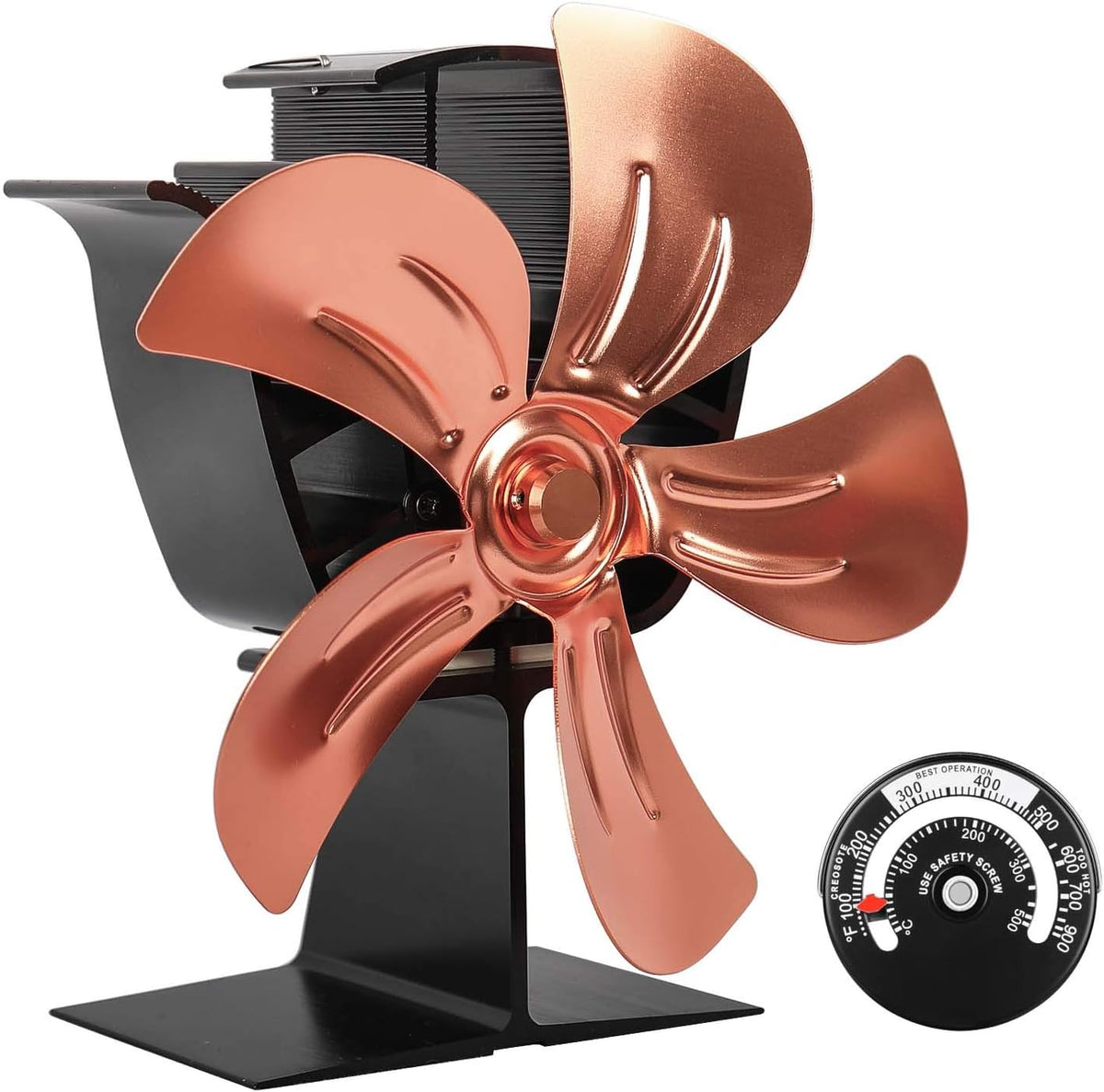 5-Blade Heat Powered Stove Fan with Stove Thermometer (Aluminium Gold, Large Size) Pack of 2 M8036