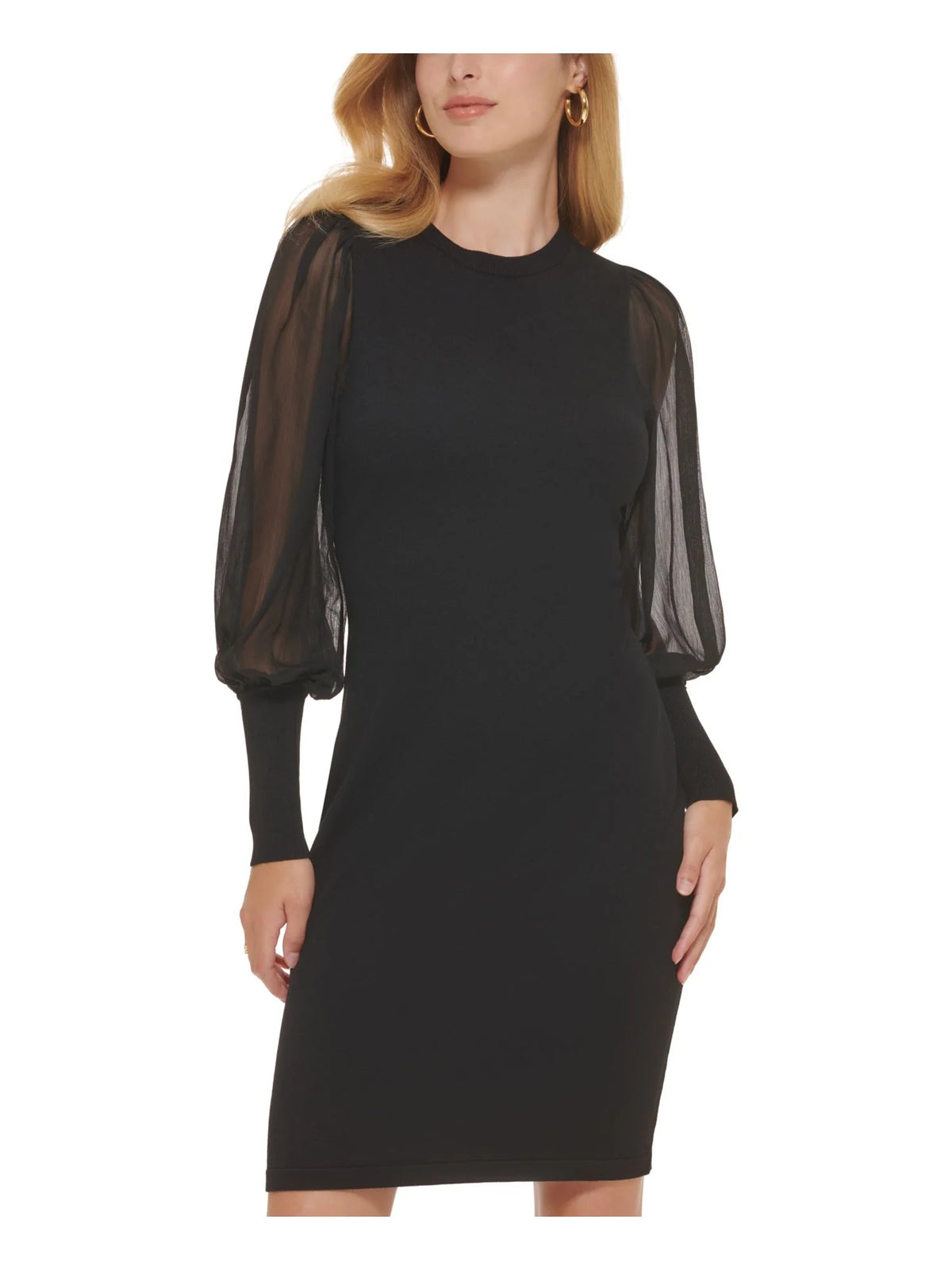 Black Ribbed Sheer Crew Neck Knee Length Sheath Dress R360