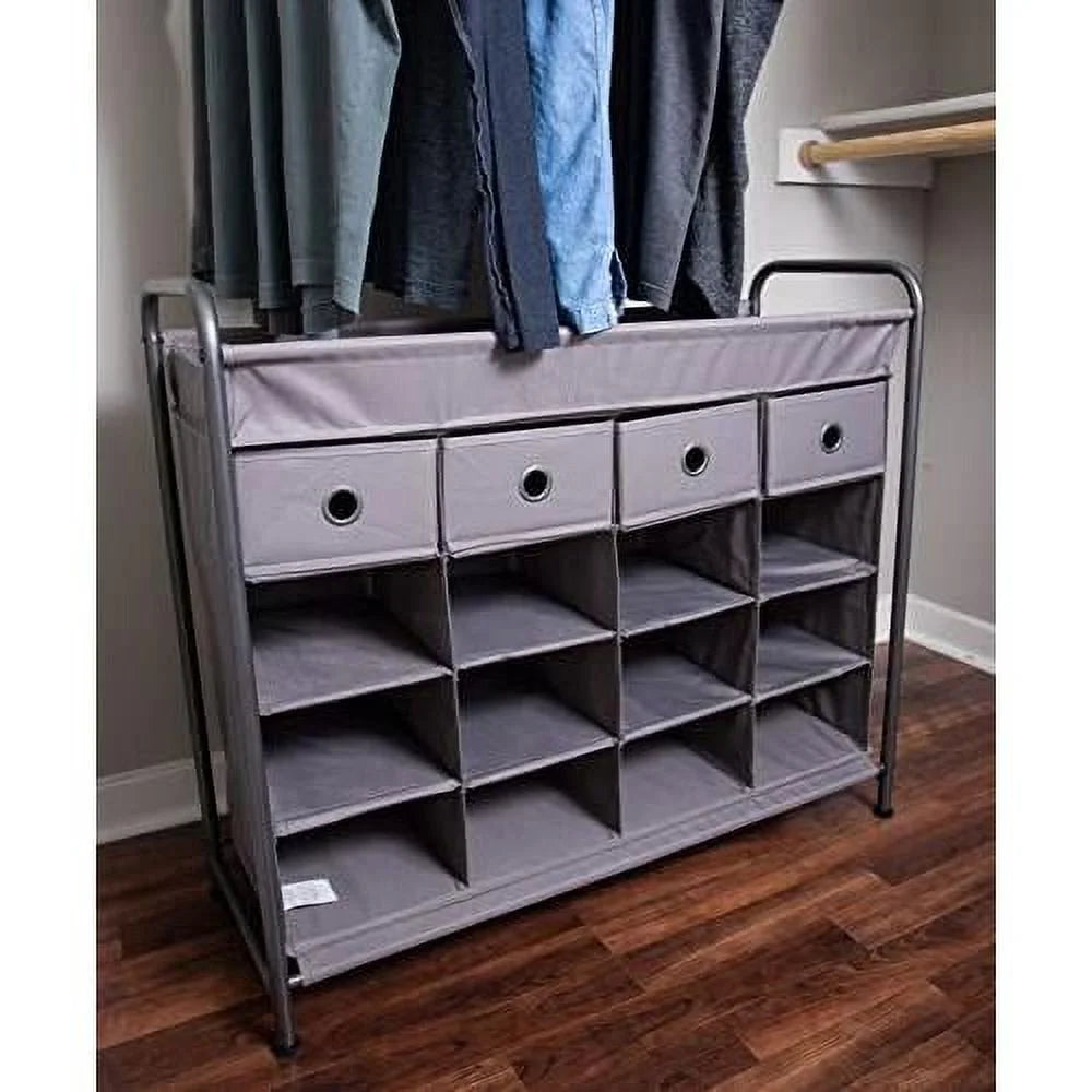 Grey 16 Cubby Shoe Rack Organizer with 4 Drawers B594