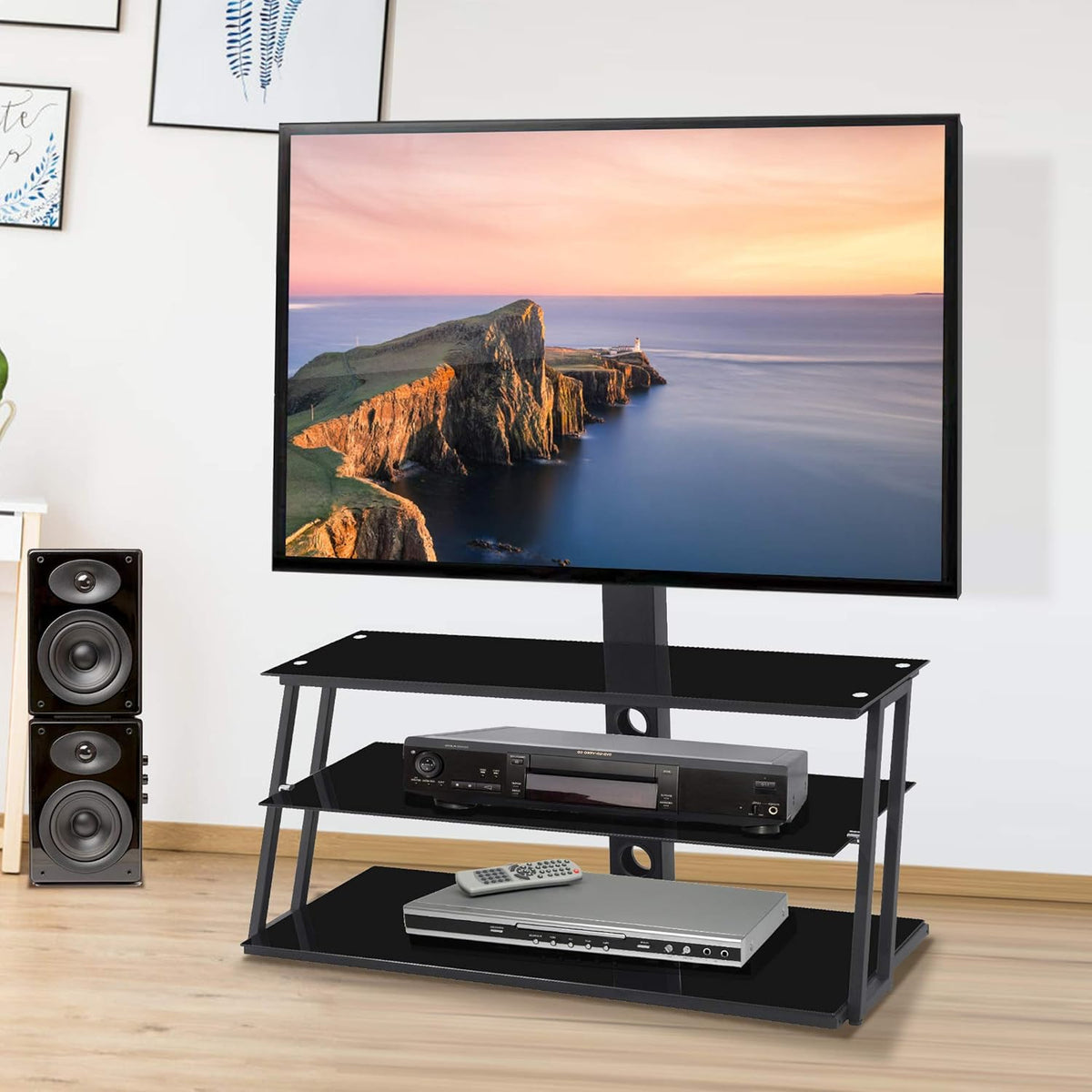 Angle and Height Adjustable Tempered Glass TV Stand, Black D285