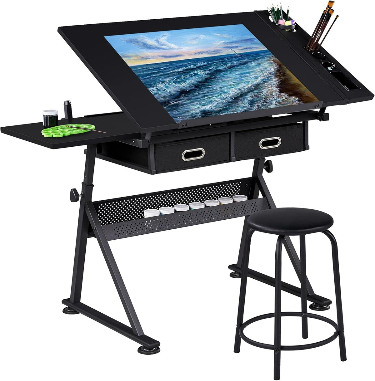Height Adjustable Drafting Desk with Tiltable Tabletop and 2 Storage Drawers W2731