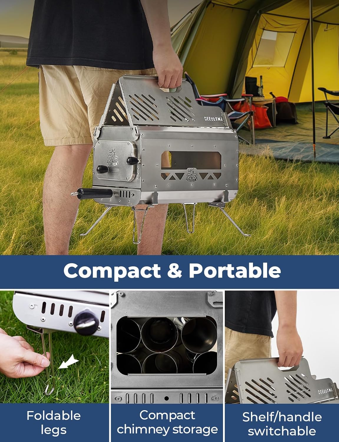 Portable Stainless Steel Tent Stove with 6 Chimney Pipes Y859483