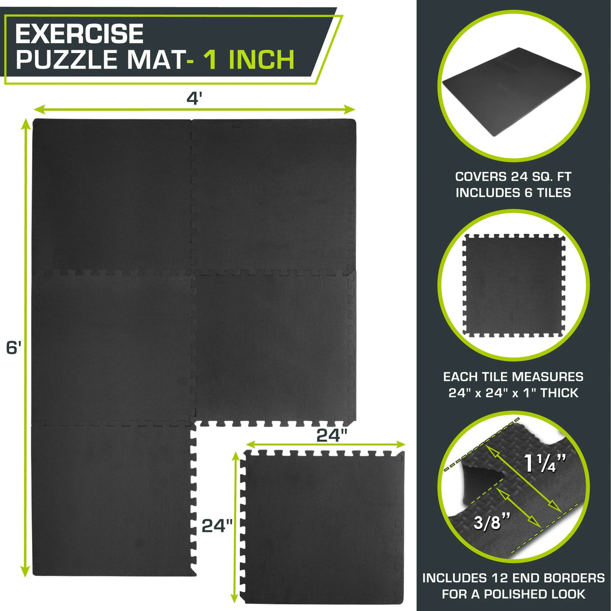 Black 1-in Exercise Puzzle Mat 6 Tiles N251928