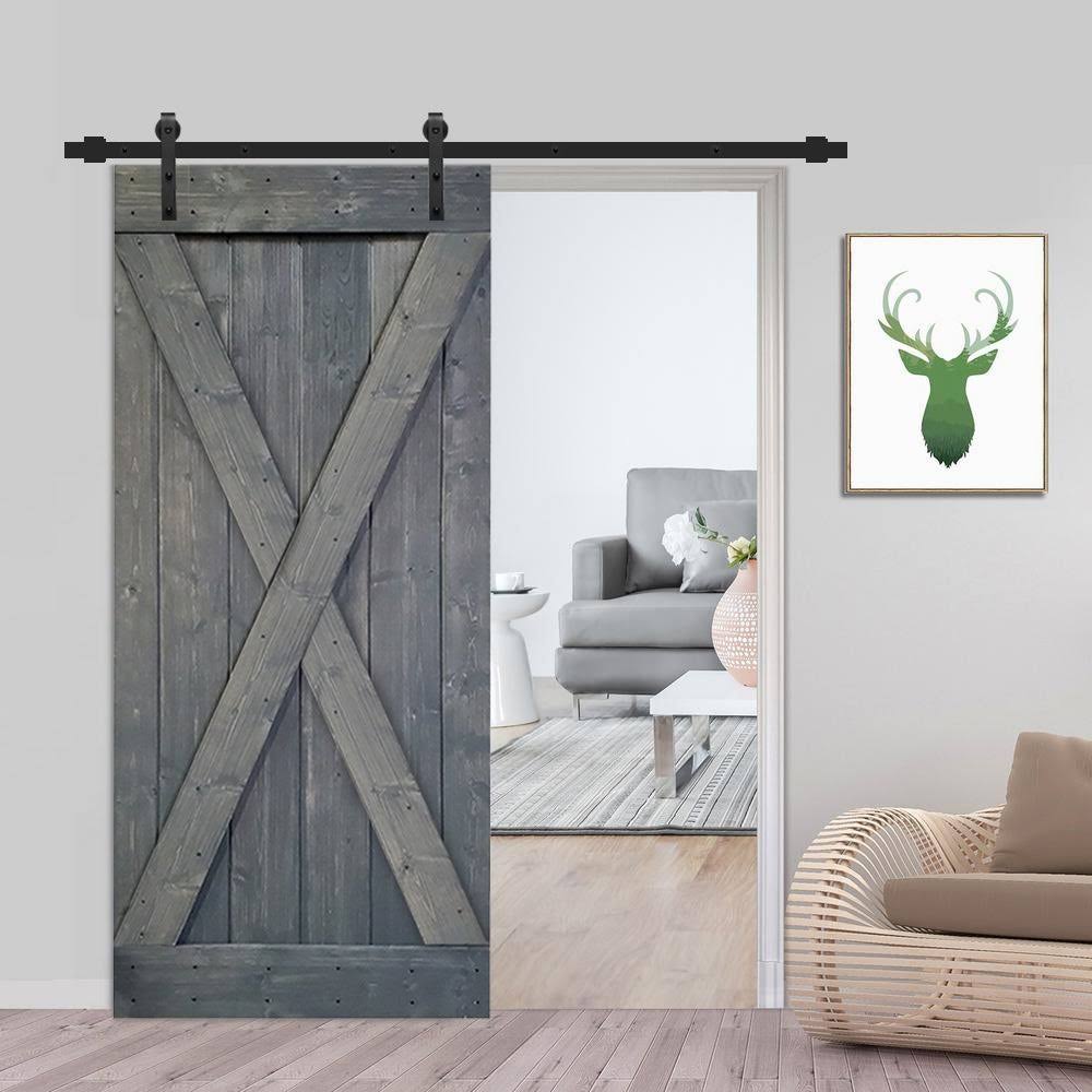 Gray Stained Knotty Pine Wood Interior Sliding Barn Door with Hardware Kit S897255