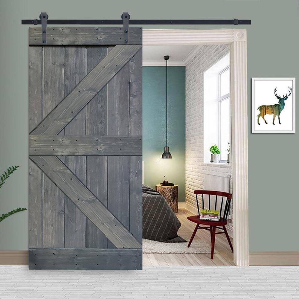 Gray Stained Knotty Pine Wood Interior Sliding Barn Door with Hardware Kit S897255