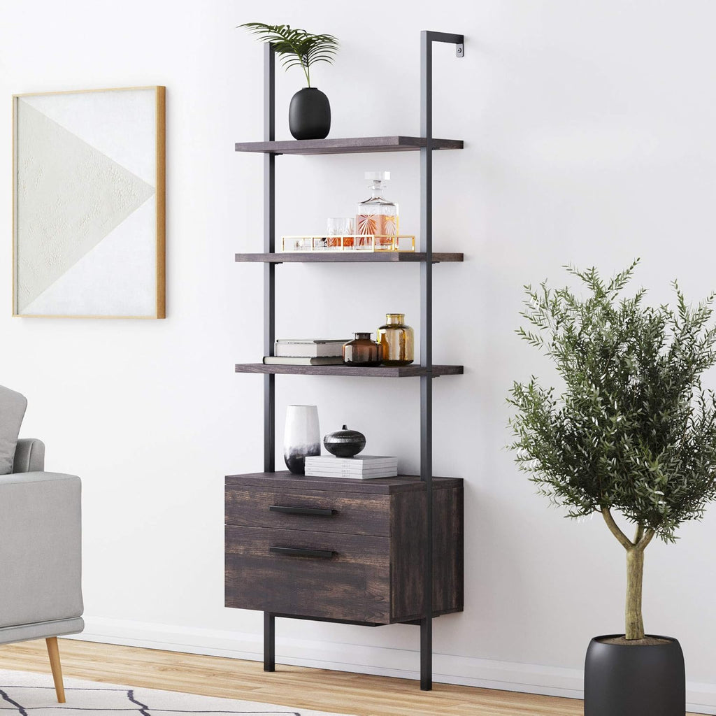 6-Shelf Tall Bookcase with Reclaimed Wood and Industrial Metal Frame, Oak/Black J6688
