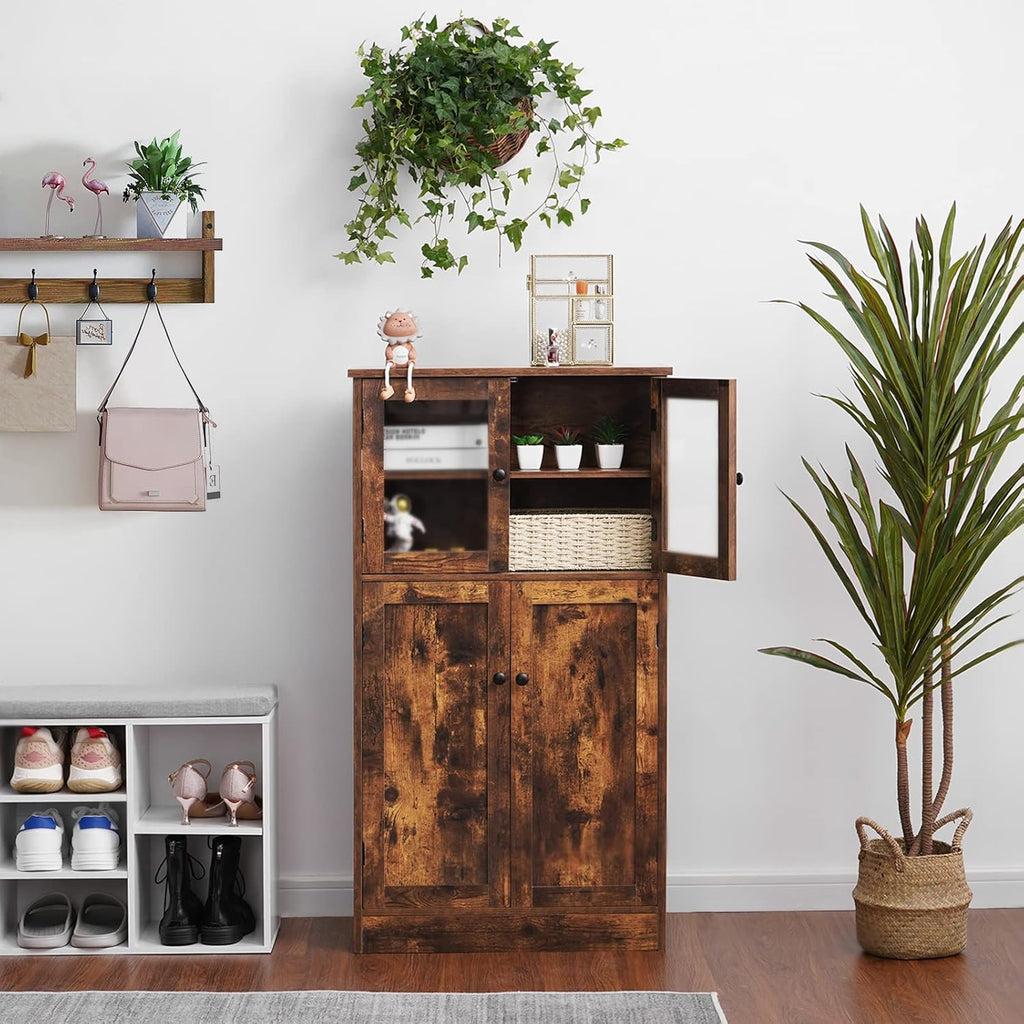 Rustic Brown Freestanding Bathroom Floor Storage Cabinet with Glass Door and Adjustable Shelf N31442