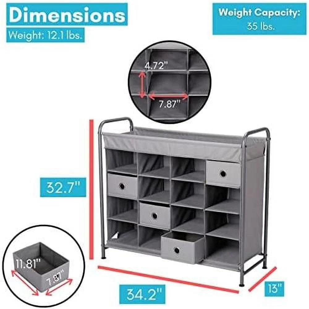 Grey 16 Cubby Shoe Rack Organizer with 4 Drawers B594