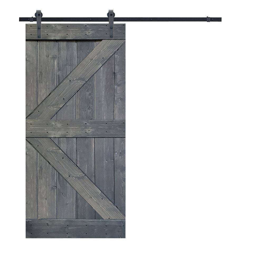 Gray Stained Knotty Pine Wood Interior Sliding Barn Door with Hardware Kit S897255
