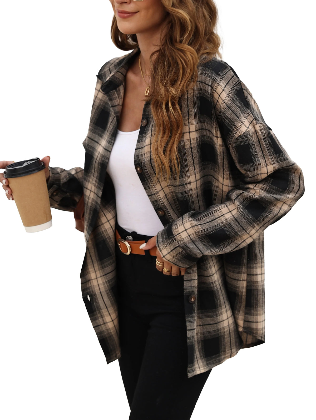 Plaid Flannel Oversized Long Sleeve Button Down Shirt S580651