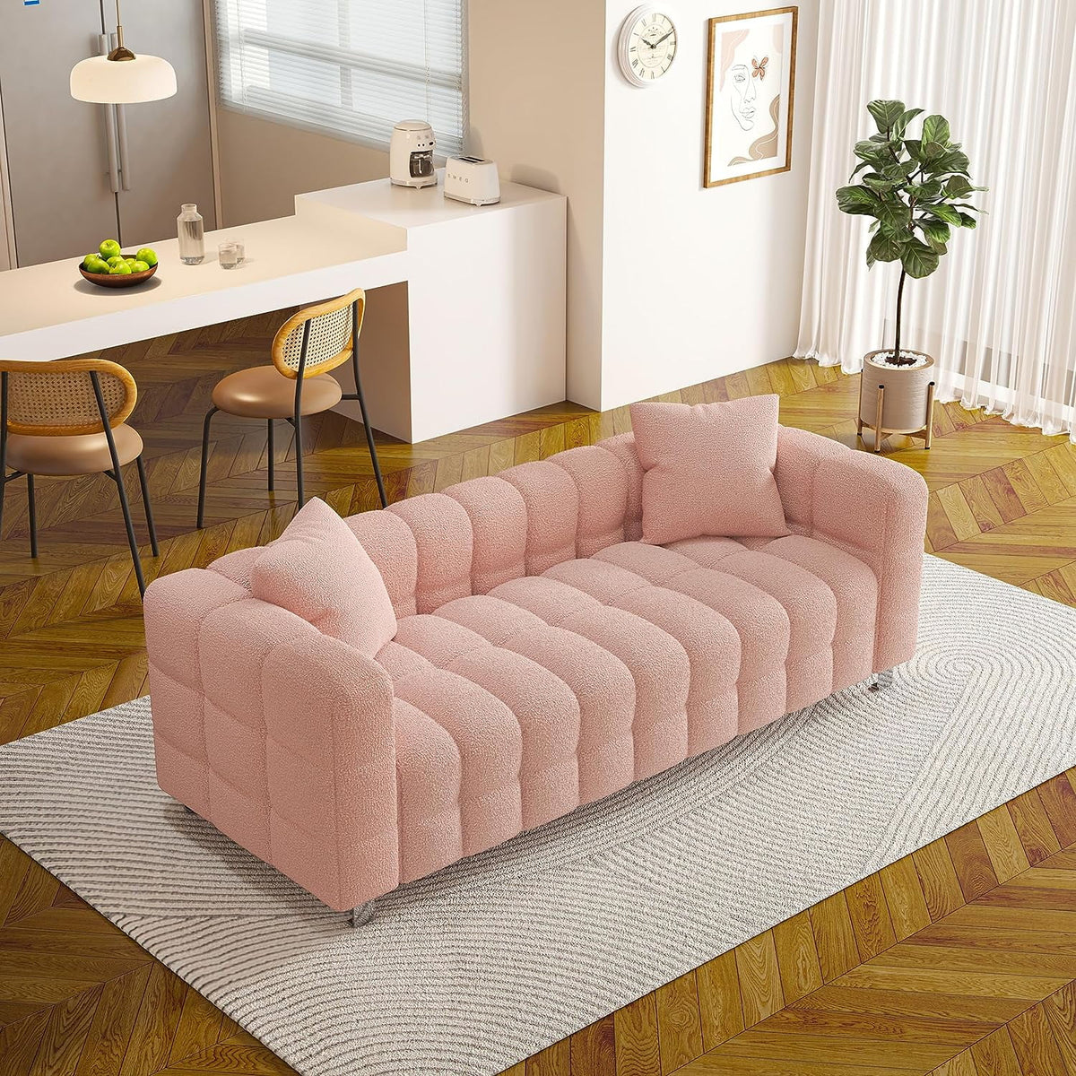 80" Pink Teddy Velvet 3 Seater Couch with Two Pillows U2692