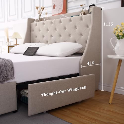 Full Size Upholstered Platform Bed with Button Tufted Storage Headboard and 4 Storage Drawers X233054
