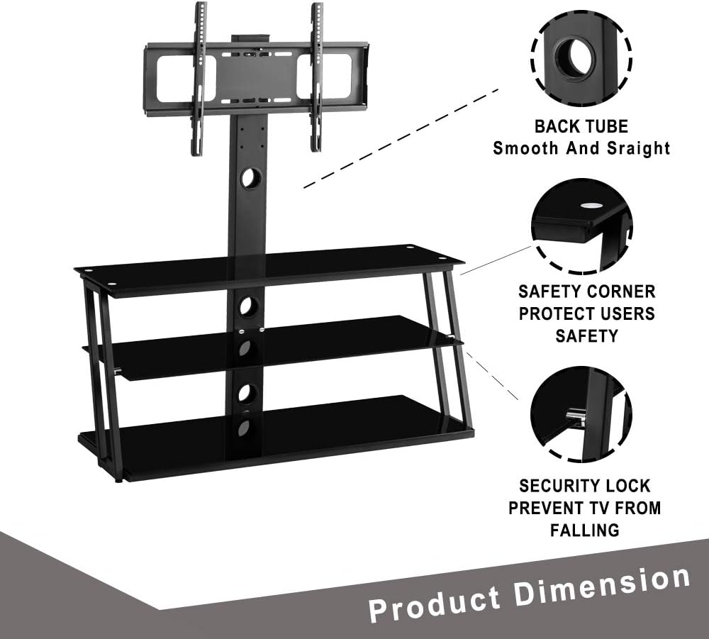 Angle and Height Adjustable Tempered Glass TV Stand, Black D285