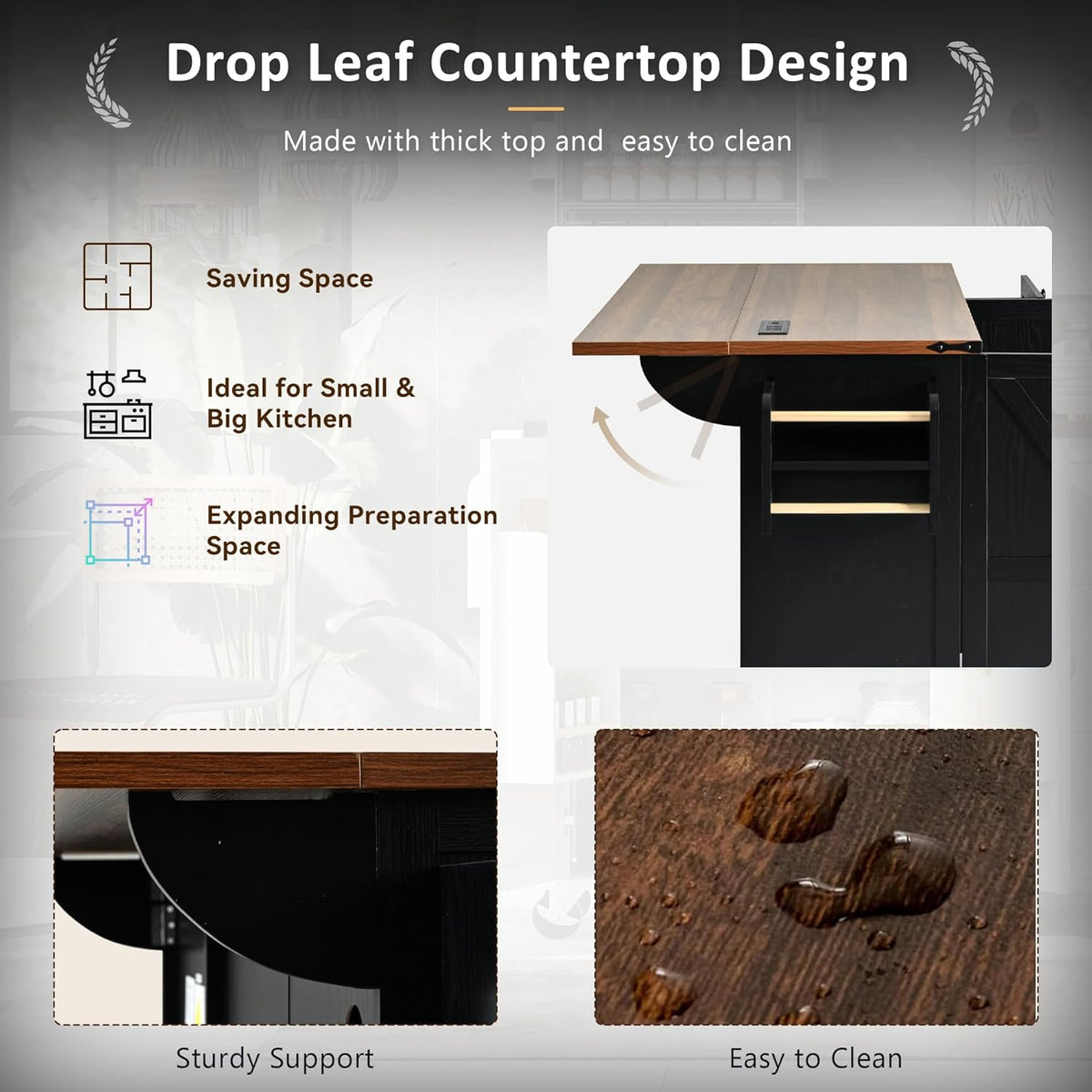 Black Kitchen Island with Power Outlet and Drop Leaf E50398