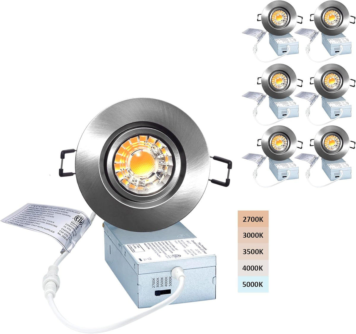 Canless Recessed Gimbal Downlight 5 CCT Dimmable 8W Brushed Nickel 3 Inch R92696