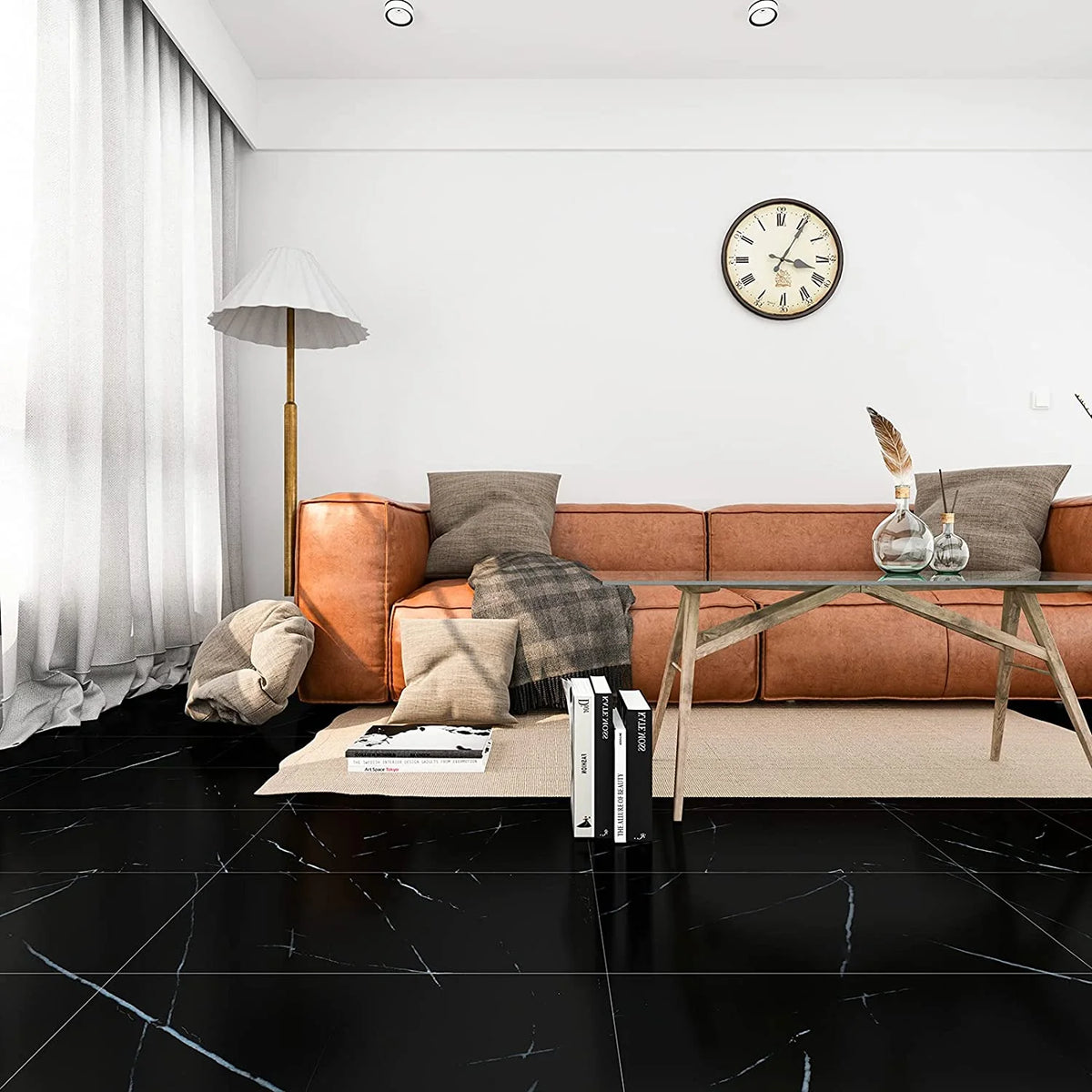 24-Pack Peel and Stick Vinyl Floor Tile 12"x24" Black Marble S3081