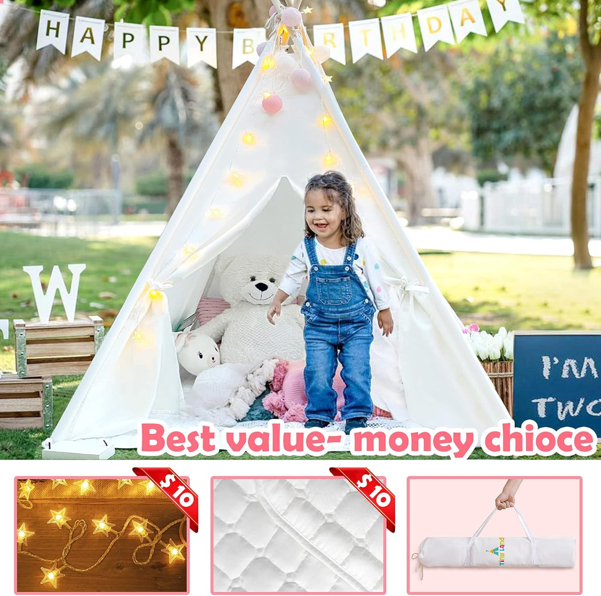 White Canvas Kids Teepee Tent with Padded Mat & Carry Case H852