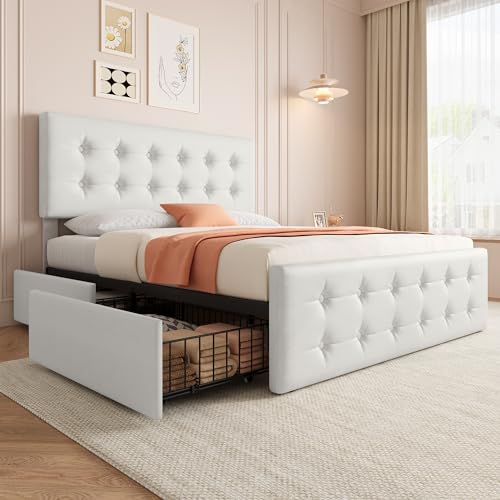 Black Queen Size Faux Leather Upholstered Platform Bed Frame with 4 Storage Drawers and Headboard I191931