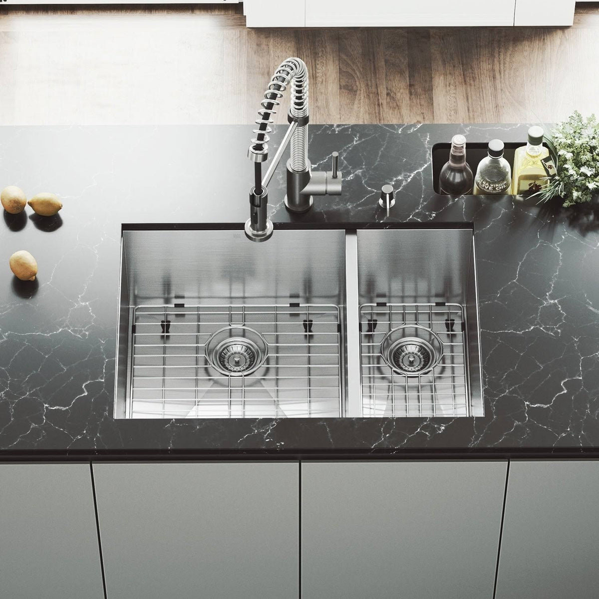 Undermount Stainless Steel Kitchen Sink with Faucet, Grid, Two Strainers and Dispenser W387
