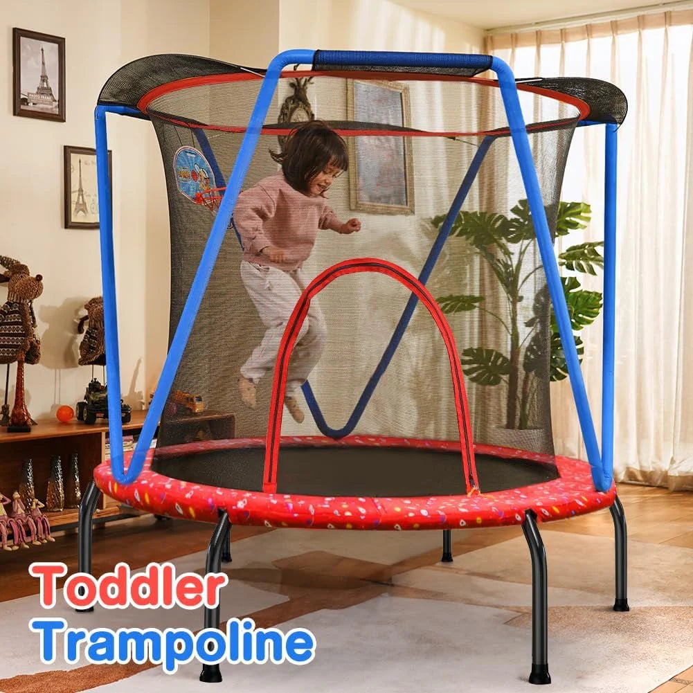 66 Kids Trampoline with Basketball Hoop and Safety Enclosure Net T44190