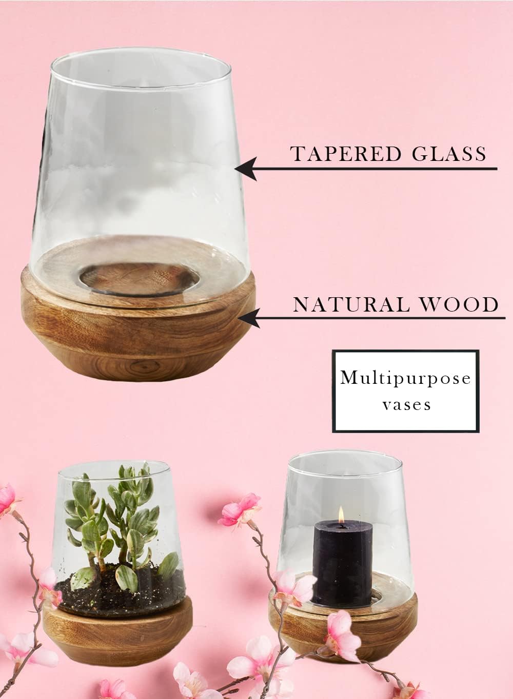 Glass Hurricane with Natural Wood Base, 7.75" Diameter & 9.75" Tall H259002