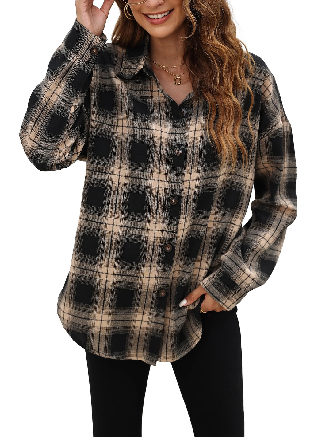Plaid Flannel Oversized Long Sleeve Button Down Shirt S580651