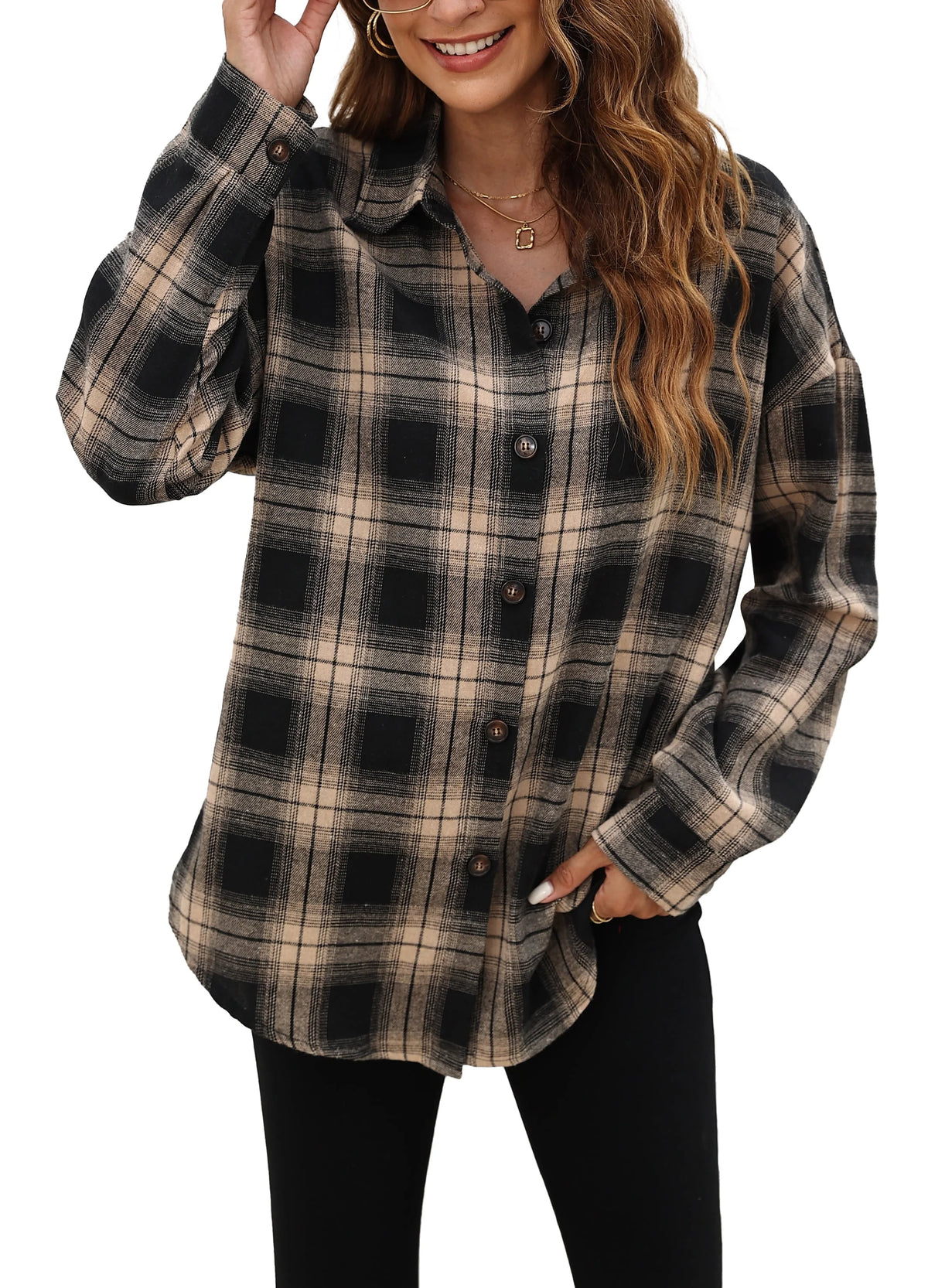 Plaid Flannel Oversized Long Sleeve Button Down Shirt S580651