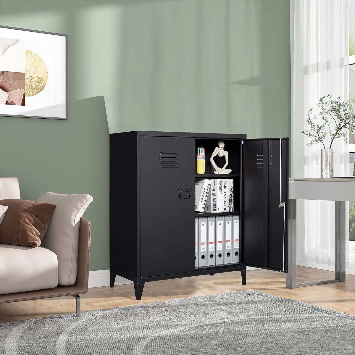 2 Door Metal Accent Cabinet with 2 Shelves, Black U68512
