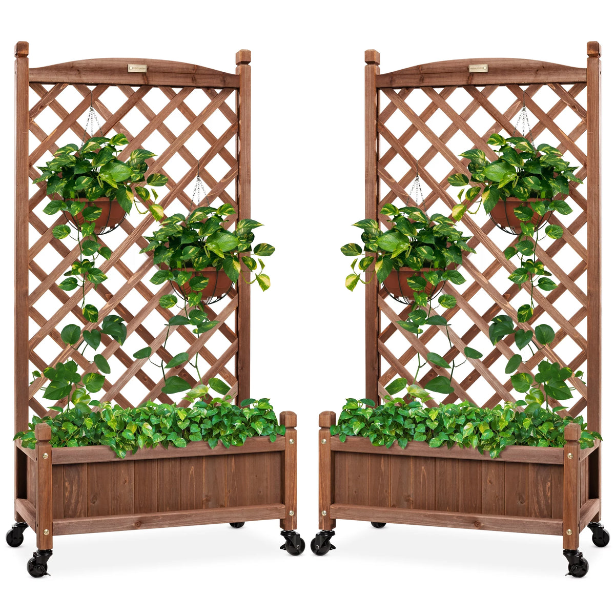 Set of 2 48in Wood Planter Box & Lattice Trellis with Drainage N992