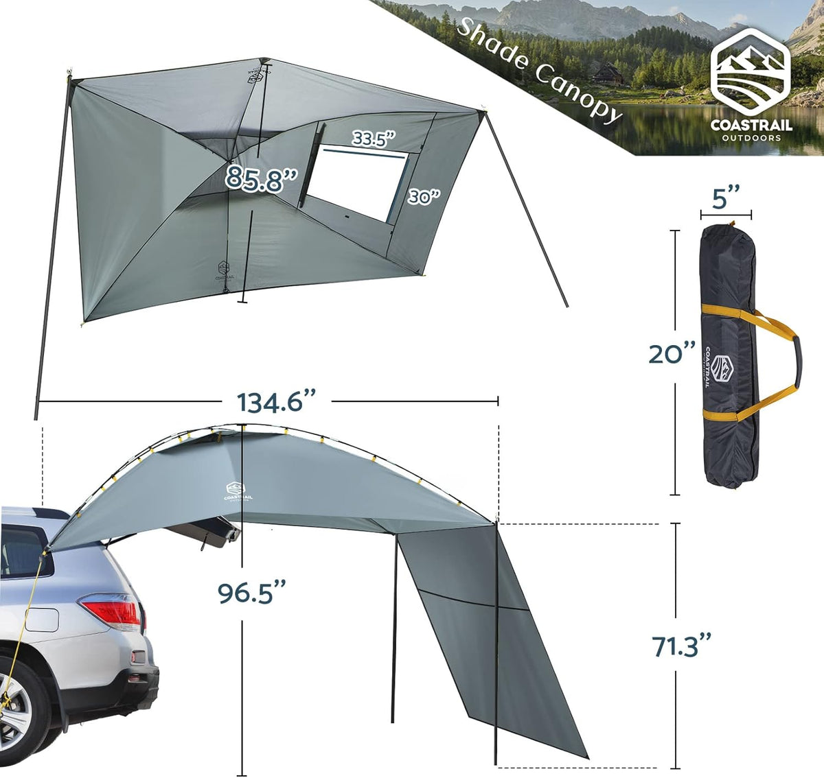 Grey Extra Large Car Canopy Sun Shelter with Side-Wall A96967