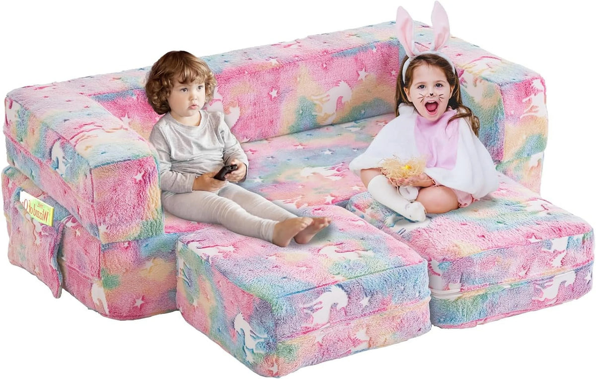 Kids Couch with Two Ottoman, Modular Foldable Loveseat W8526