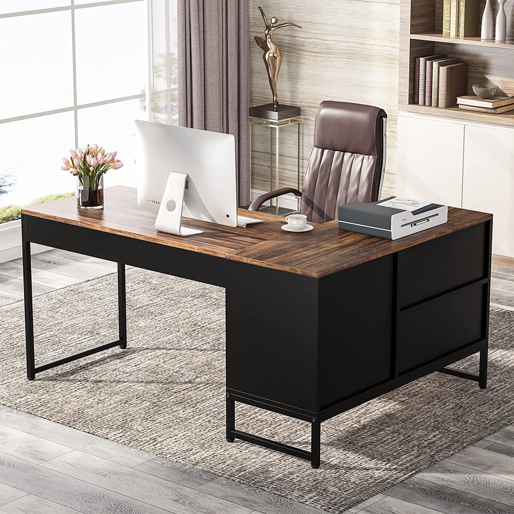 L Shaped Desk with File Cabinet 59 inch Black Rustic Brown E48078
