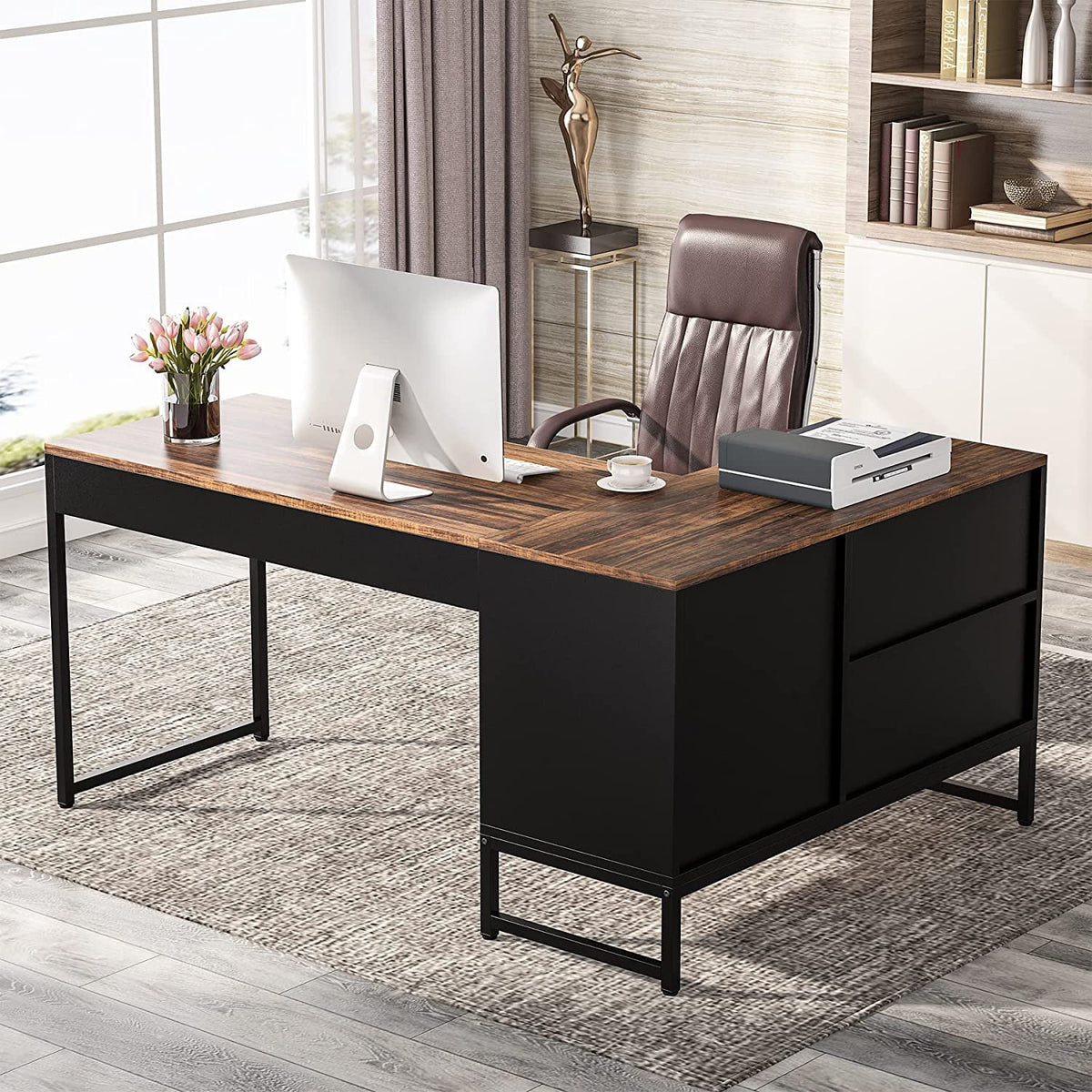 L Shaped Desk with File Cabinet 59 inch Black Rustic Brown E48078