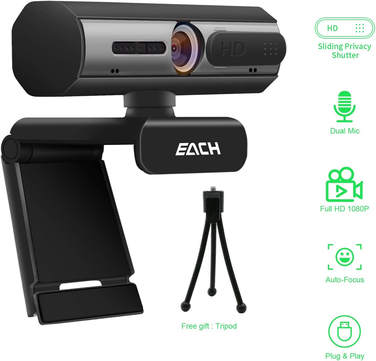 1080P USB Webcam with Dual Microphone & Privacy Cover L729