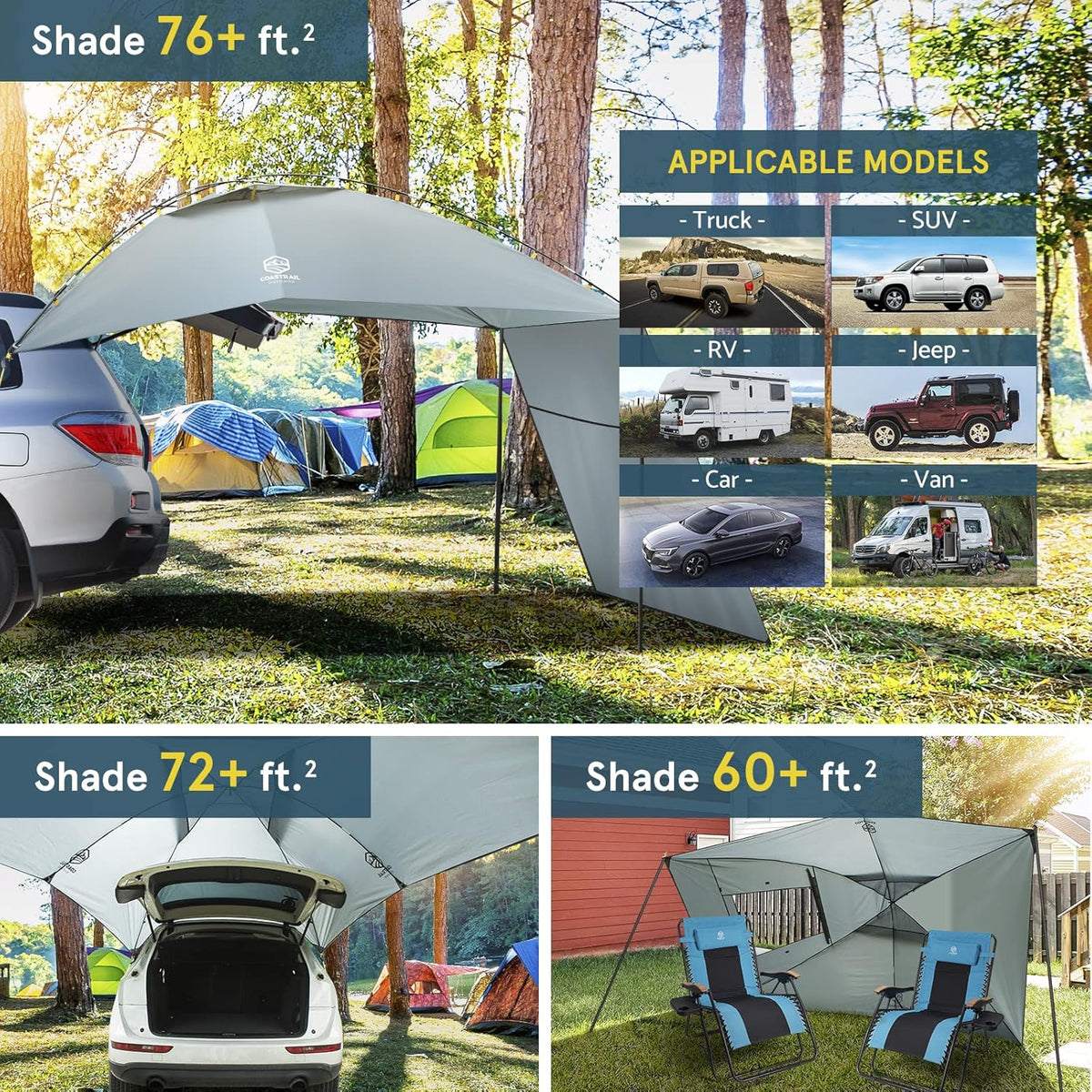 Grey Extra Large Car Canopy Sun Shelter with Side-Wall A96967