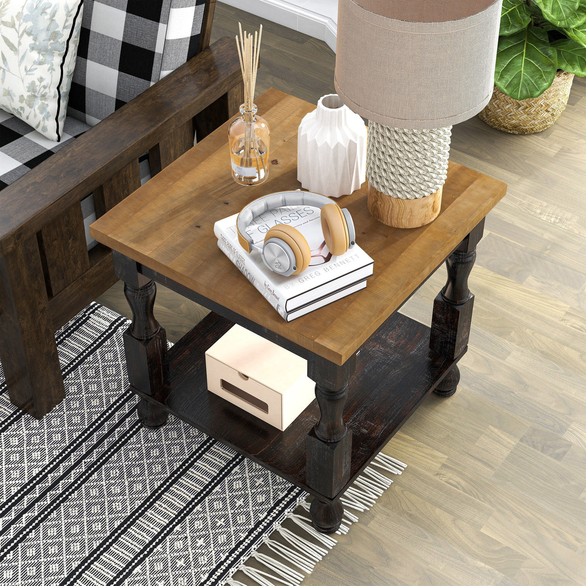 Antique Black and Oak 24-inch Pine 1-Shelf End Table N66229