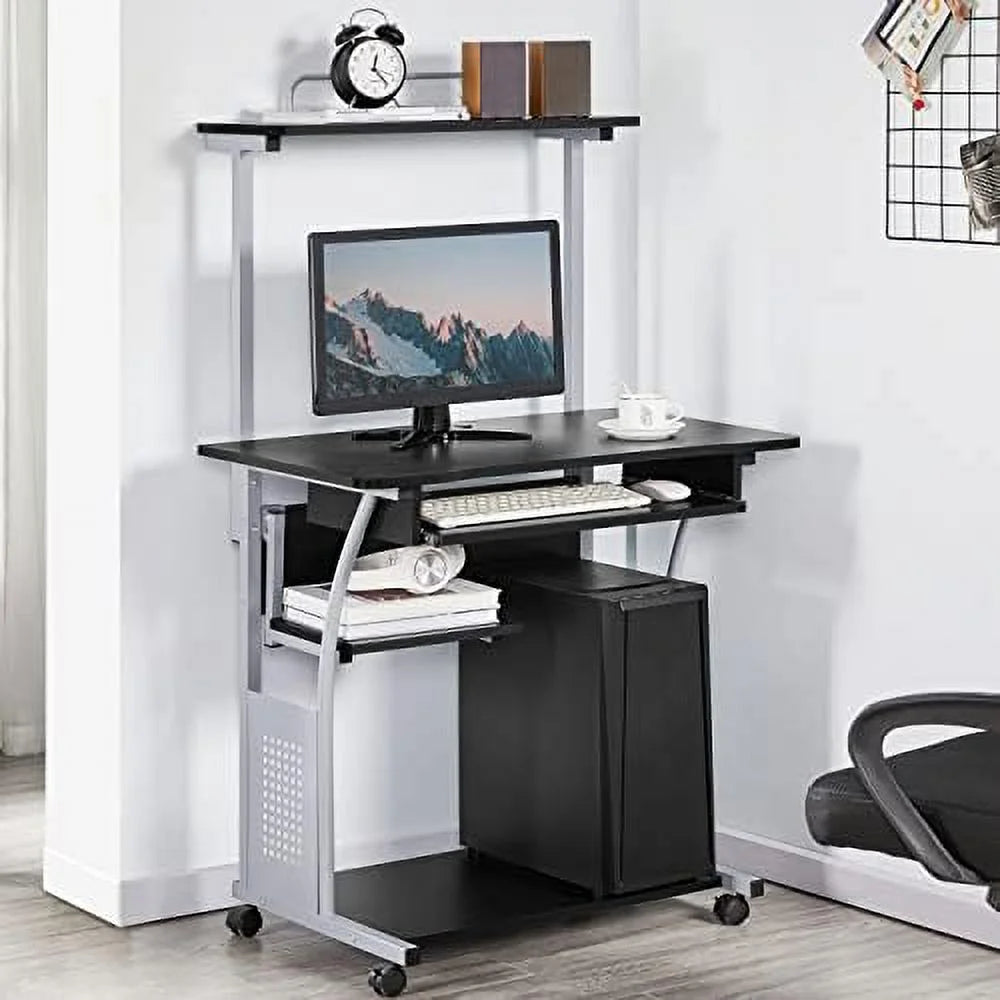 Black 3 Tier Computer Desk with Printer Shelf and Keyboard Tray I78109