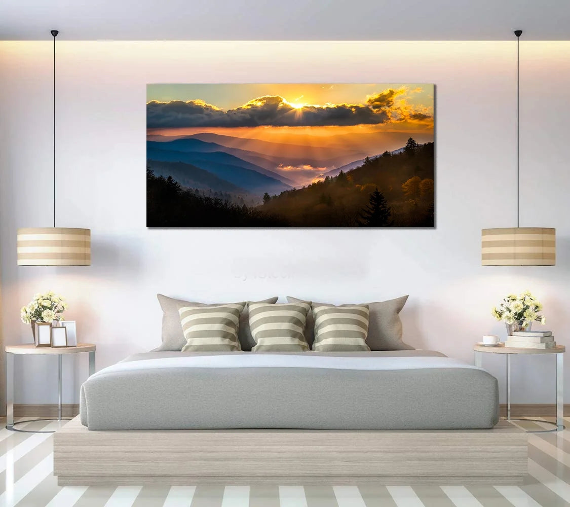 Sunrise Over Blue Ridge Mountains Scenic Painting Gallery Wrapped Canvas Art Q128748