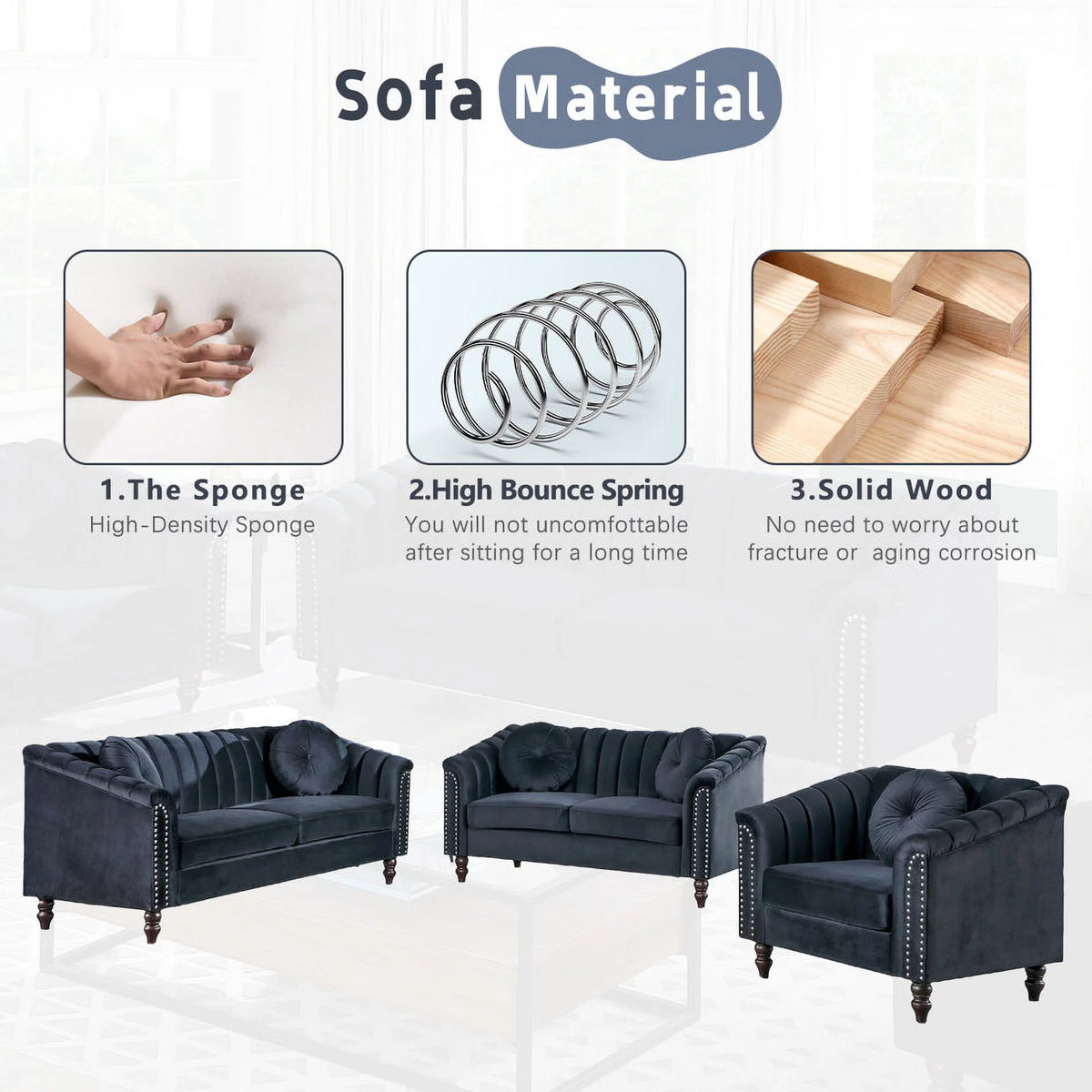 3 Piece Velvet Upholstered Sofa Loveseat and Chair O885