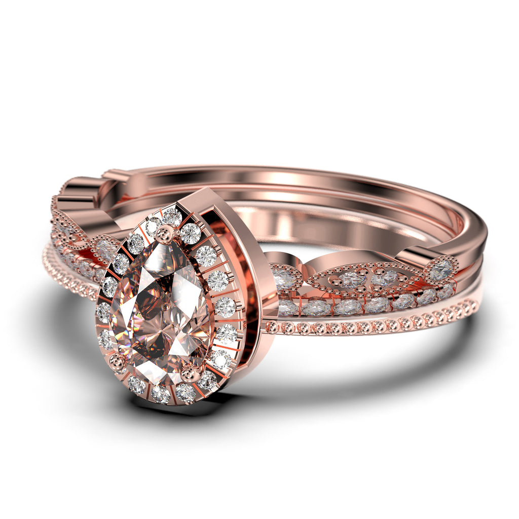Vintage Pear Cut Morganite And Diamond Moissanite Engagement Ring Set in 925 Sterling Silver With 18k White Gold Plating N6698