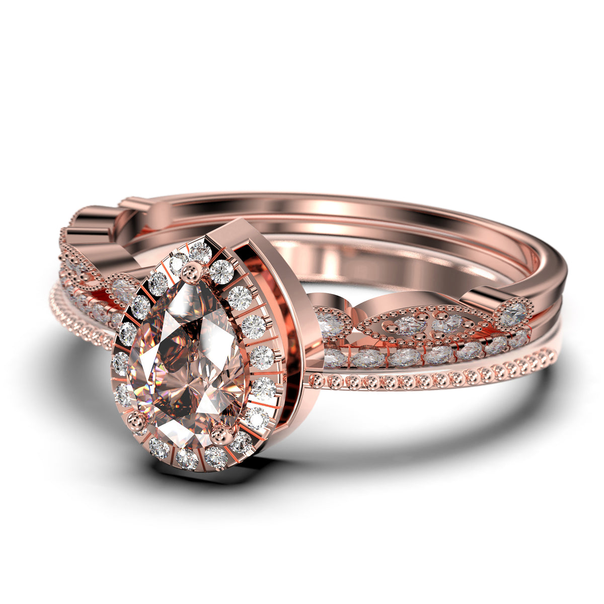 Vintage Pear Cut Morganite And Diamond Moissanite Engagement Ring Set in 925 Sterling Silver With 18k White Gold Plating N6698