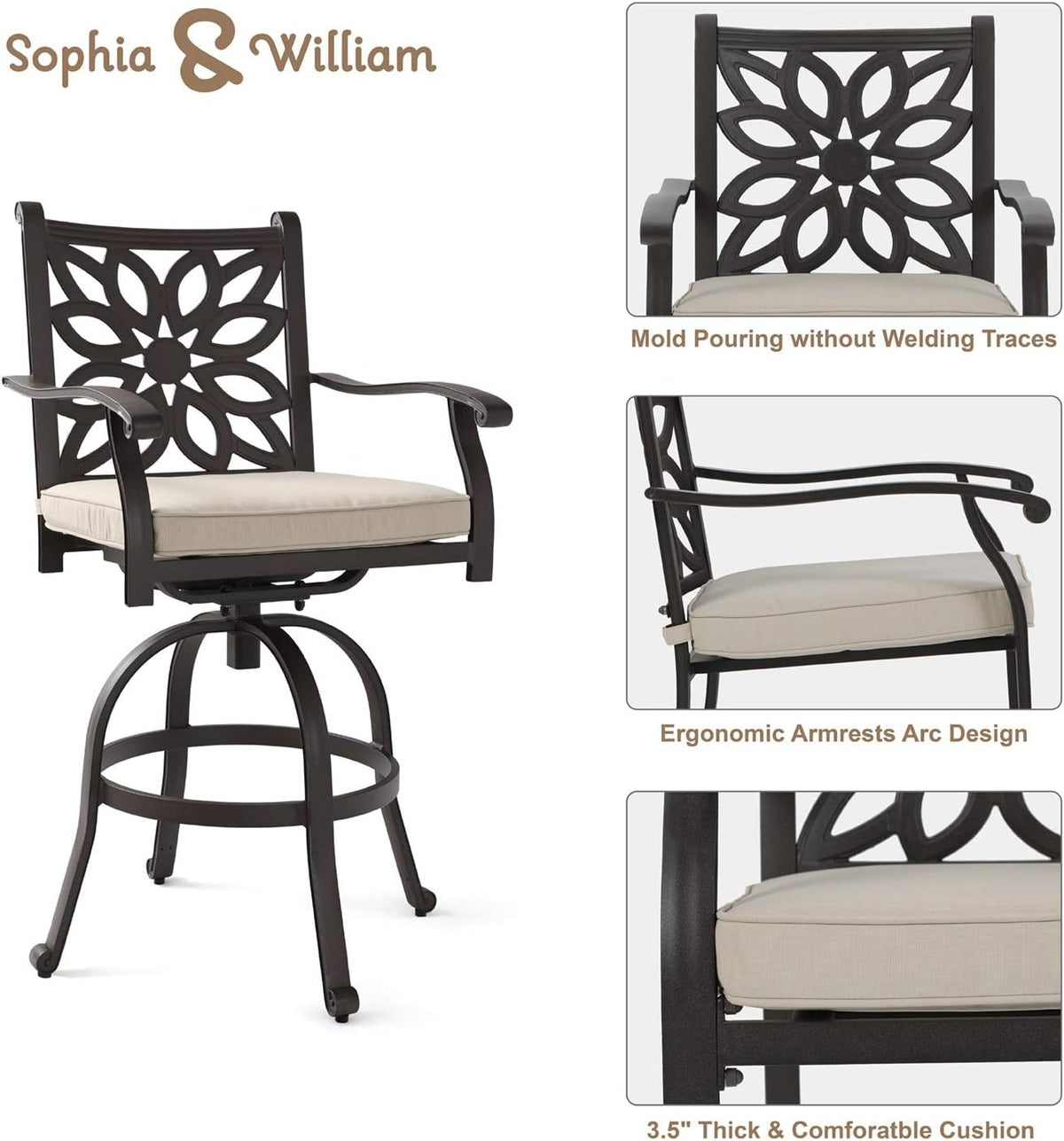 3 Pieces Cast Aluminum Bar Set with 2 Swivel Bar Height Chairs and 1 Square Table G766239