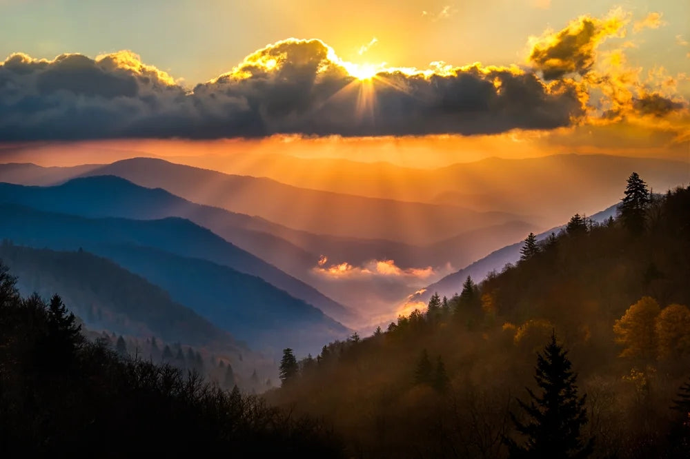 Sunrise Over Blue Ridge Mountains Scenic Painting Gallery Wrapped Canvas Art Q128748