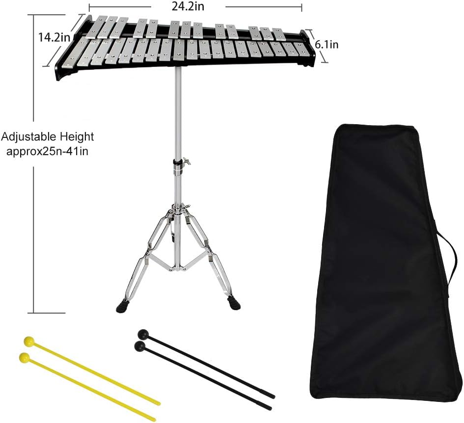 32 Notes Glockenspiel Kit Xylophone Bell Percussion Instrument Set with Stand Mallets and Carrying Bag K962062