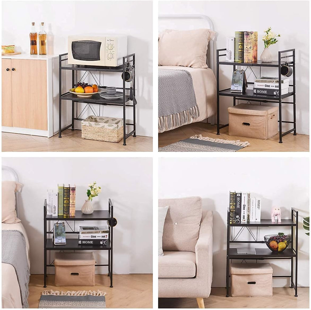 3-Tier Adjustable Heavy Duty Microwave Rack with 3 Hooks Carbon Steel Matte Black O62582